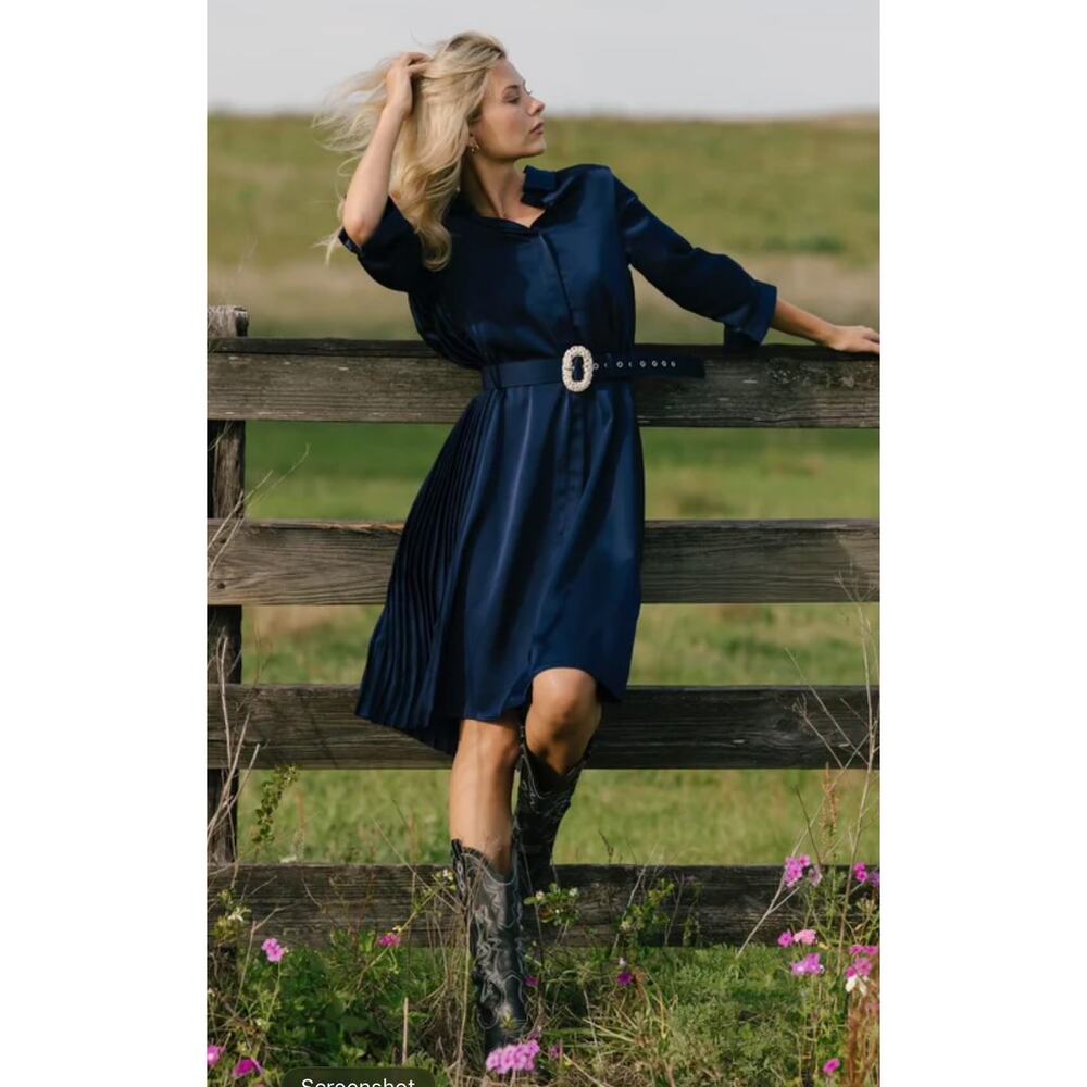 NWT Aleeza Paris Royal Blue Pleated Back Button Down Marquis Dress Size S